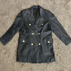 美品 ヴィンテージ レザー ダブル テーラード ジャケット 金ボタン 黒 上質