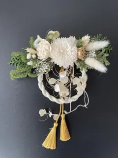 2026年　しめ縄・ミニしめ飾り 白い花と緑の葉　ナチュラルしめ縄リース