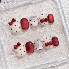 ハロー キティ風 ネイルチップ M 赤 白 リボン ドット ショート マグネット