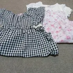 フリル袖黒白チェック＆花柄　ワンピース２枚セット　120