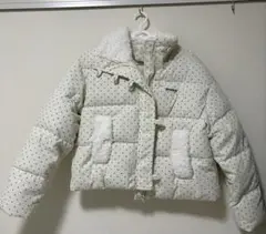 ドット柄ショートダウンジャケット ボア付き ホワイト 韓国風 可愛い 冬アウター