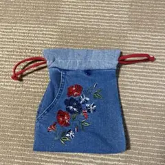 ハンドメイドデニム花柄刺繍巾着袋