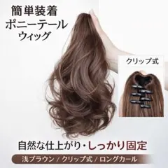 ポニーテール ウィッグ クリップ ロング カール 深ブラウン 自然 簡単装着