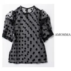 AMOMMA アモマ ドットパフスリーブブラウストップス ブラック チュール 