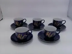 [2132]有田焼　和光園　ティーカップ＆ソーサー5客　瑠璃色　金彩　陶器製