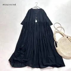 美品 ミズイロインド ギャザーロングワンピース 5分袖 黒 ワイド フレア