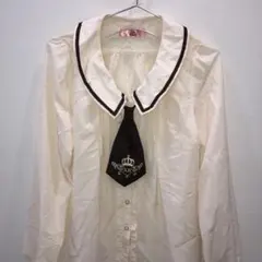 J1357 大きな襟 リボン付きシフォンブラウス ベージュ M