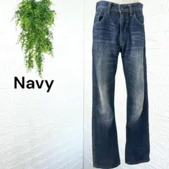 3649【Navy】ストレートデニムパンツ ジーンズ ウォッシュダメージ L