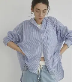 ANGIE シアー オーバーサイズ バンドカラー シャツ / ストライプ