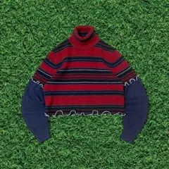 【リメイク古着】再構築タートルネックニットチビ丈レッドボーダーネイビーレディース