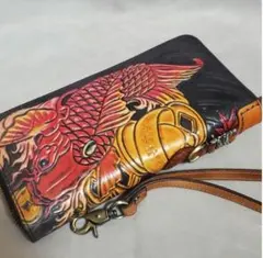 ヌメ革 和柄 ハンドメイド ラウンド長財布 龍 昇り龍 タンカラー
