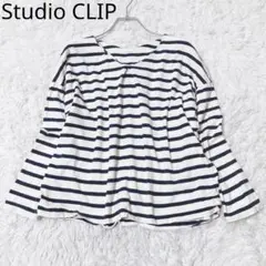 スタディオクリップ　カットソー　ボーダー　Vネック　カジュアル　ネイビー　M