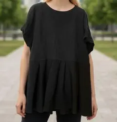 美品 エイチケーワークス チュニック L 黒 半袖 フレアシルエット ゆったり