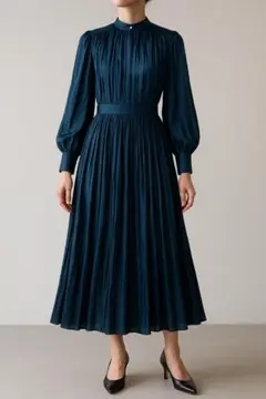 美品✨シップス　美シルエット　プリーツワンピース　バンドカラー　ボタン　ネイビー