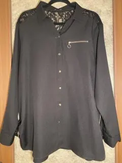 【春秋】レースディテール ブラック長袖シャツ 前開き【大きいサイズ】