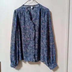 水色 花柄 シャツ　フリル　レトロ　韓国　ブラウス　No.19