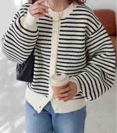 美品Discoat ディスコート　カーディガン　パールボタン　ボーダー　F