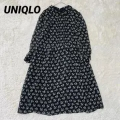 ユニクロ ロングワンピース ピンタック 小花柄 シフォン 長袖 レトロ 裏地付き