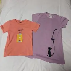 【女児130㎝古着Tシャツセット】 クマ刺繍と猫シルエットTシャツ2枚組