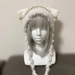 猫耳ニット帽 ネコ耳 ハンドメイド ホワイト×ブラウン ファー