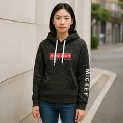 Disney パーカー ミッキー 総柄 L ブラック プルオーバー ストリート系