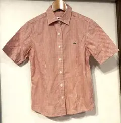 LACOSTE レディース半袖チェックシャツ オレンジ系