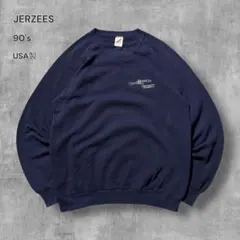 2808古着90s USA製JERZEESスウェット企業系ロゴラグラン茄子紺XL