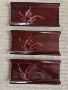 木製おしぼりトレイ 3枚セット 花彫刻