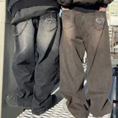 9090 ブラック King Logoバギーデニム