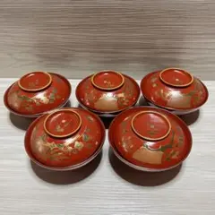 朱塗　金蒔絵　梅の花　お吸い物椀　5客セット