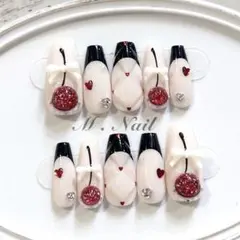 ネイルチップ フレンチガーリー リボン 赤 さくらんぼネイル 量産型 韓国