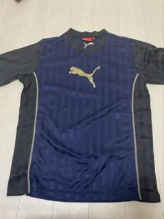 ②プーマVネック　トレーニングシャツ　ネイビー　ストライプ　ゴールド　M 半袖