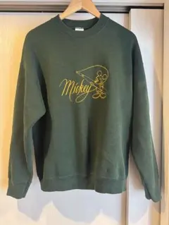 90s Disney ミッキーマウス 釣り 刺繍 スウェット ダークグリーン L