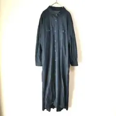 デニムシャツワンピース　ロング　異素材　プリーツ　L