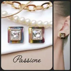 【一点物】クリスタル＆マルチカラーストライプスクエア ピアス/イヤリング