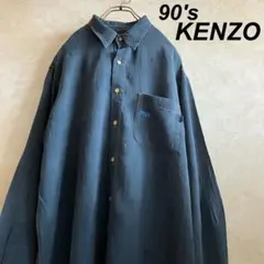 90's 日本製 ケンゾー 判子刺繍ロゴレーヨンシャツ 燻みネイビー XLのサムネイル