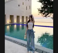 ハイウエストデニムパンツ サイドリボン付き