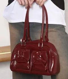 リボンポケットハンドバッグ　ワインレッド　Y2Kバッグ