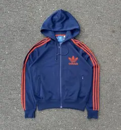 adidas 00s パーカー ジップアップ フーディ ネイビー　オレンジ　XL