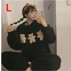 L ベア くま ぱじゃま ルームウェア ブラック 長袖 レディース 韓国 冬