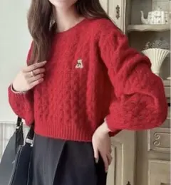 新品　くまさん刺繍　シンプル　ケーブル編みニット　柔らか素材　クルーネック　丈短