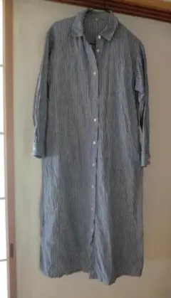 【美品Ｓ】リネン　青と白のストライプ 長袖シャツワンピース 麻