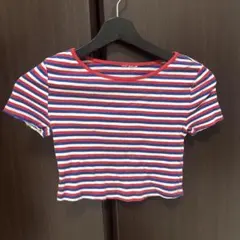 赤青白 ボーダー クロップド丈 半袖Tシャツのサムネイル