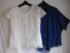 2点セット　Tシャツ　ブラウス　カットワーク　刺繍　ホワイト　ネイビー　半袖のサムネイル