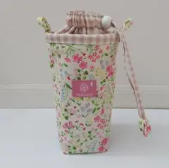 洗える　保冷・保温ペットボトルカバー【生成りflower〜ピンクチェック】