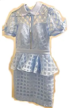 ドレス 水色 ブルー ペプラム 体型カバー ミニワンピ フロントジップ