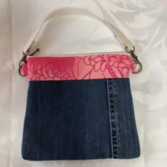 ハンドメイド　ミニバッグ　デニム＆ハワイアンプリント