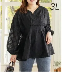 CLETTE オリジナル　ウエストタックペプラムブラウス　ブラック　3L