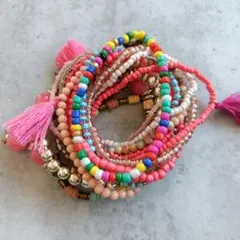 【ボヘミアン多色ビーズチェーンアンクレットブレスレット】カラフルタッセル付き多層
