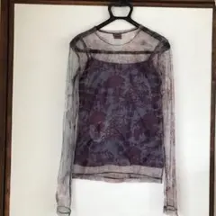 シースルー長袖トップス 紫系花柄